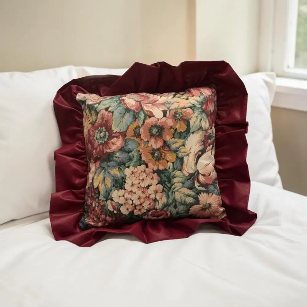 VINTAGE Floral Satin Ruffled Edge Throw Pillow 18” X 18” Maroon Red 3390-20